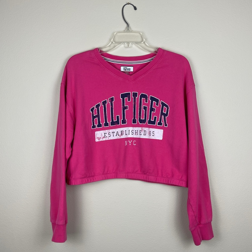 Tommy Hilfiger Cropped V Neck Sweatshirt Top Pink